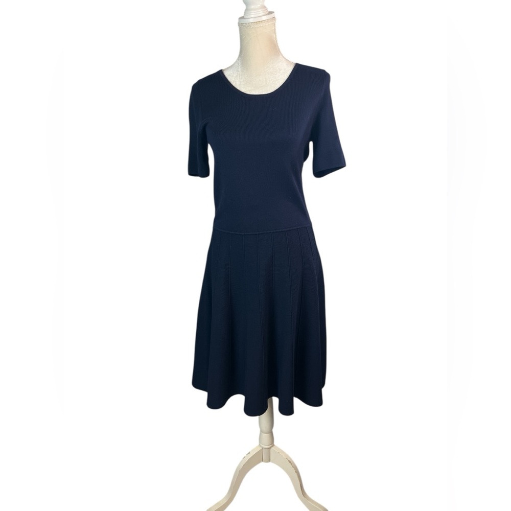 Talbots Navy Blue Knit Dress Pleated Skirt Career Nautical Women Medium